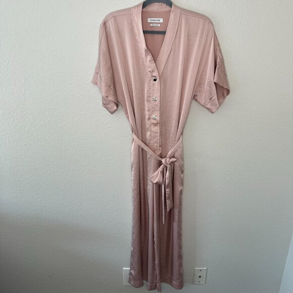 Revolve Overlover Blush Pink Satin Jumpsuit Wide Leg V Neck Button Front S - Picture 1 of 7